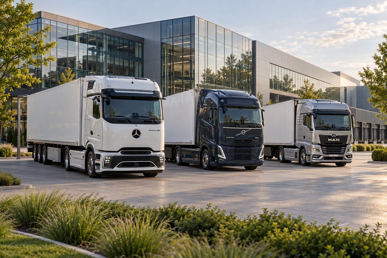Elektro-Lkw von Mercedes-Benz, Volvo und MAN vor einem modernen Logistikzentrum mit Glasfassade und großzügiger Begrünung