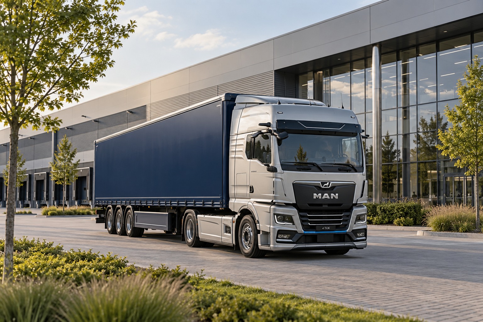 Silberner elektrischer MAN-Lkw mit blauem Auflieger vor einer modernen Werkshalle mit Glas und Stahl und begrüntem Vorplatz