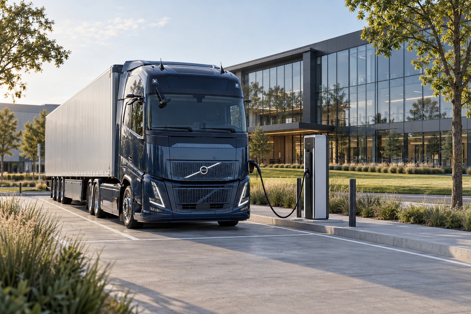 Elektrischer Volvo-Lkw an einer Ladesäule vor einem Logistikzentrum aus Glas und Stahl in einer parkähnlichen Umgebung