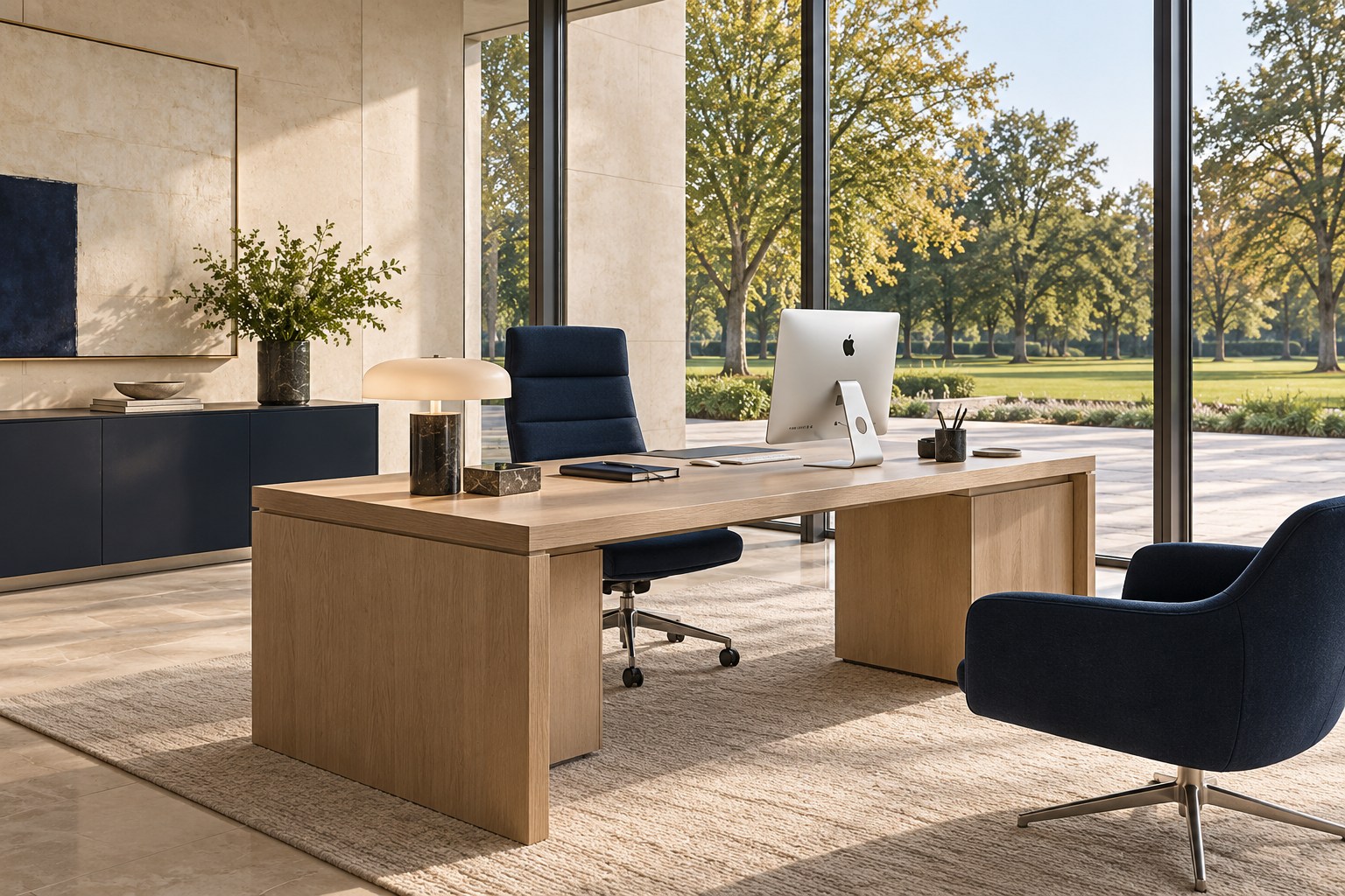 Elegantes Einzelbüro mit Eichenmöbeln und Apple iMac in einem modernen Firmengebäude
