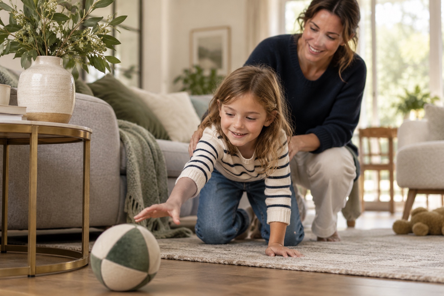 Mädchen spielt mit einem Ball neben einer Vase, ein Elternteil ist dabei