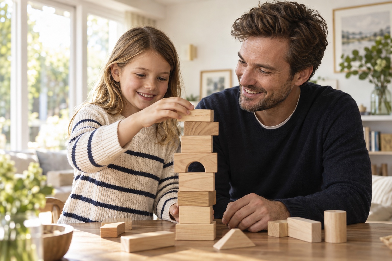 Kind baut gemeinsam mit einem Elternteil einen Turm aus Holzbausteinen