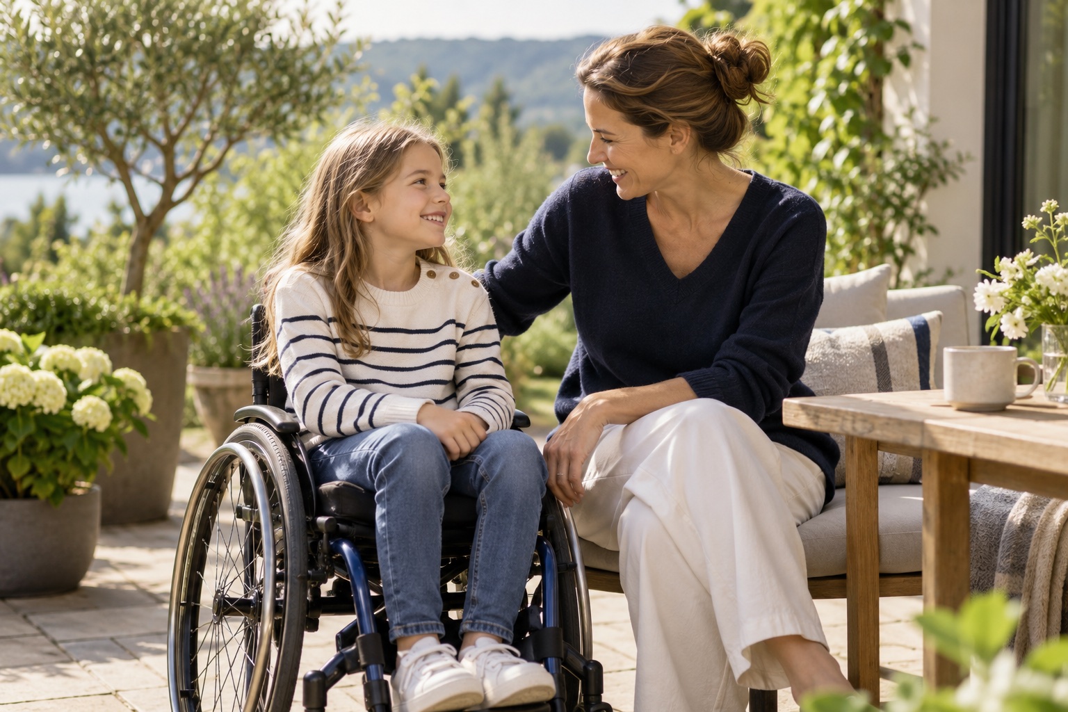 Mädchen im Rollstuhl und seine Mutter genießen einen sonnigen Garten