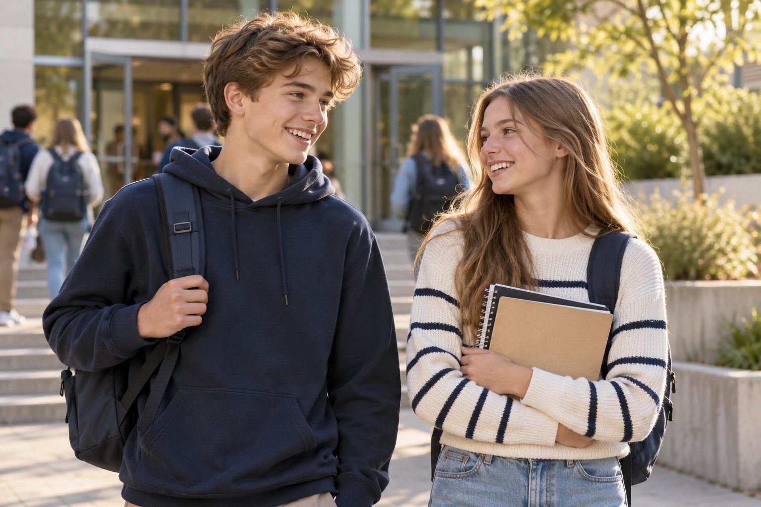 Zwei Jugendliche gehen entspannt mit ihren Schulrucksäcken über einen Campus