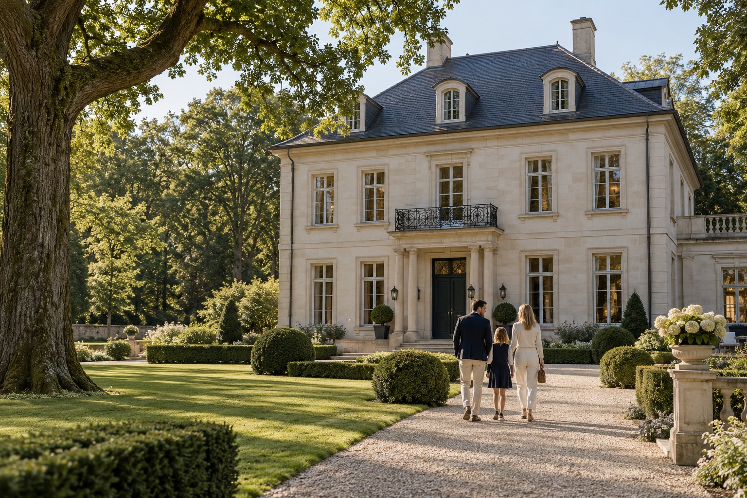 Familie vor einer hellen Stadtvilla mit großzügigem Garten