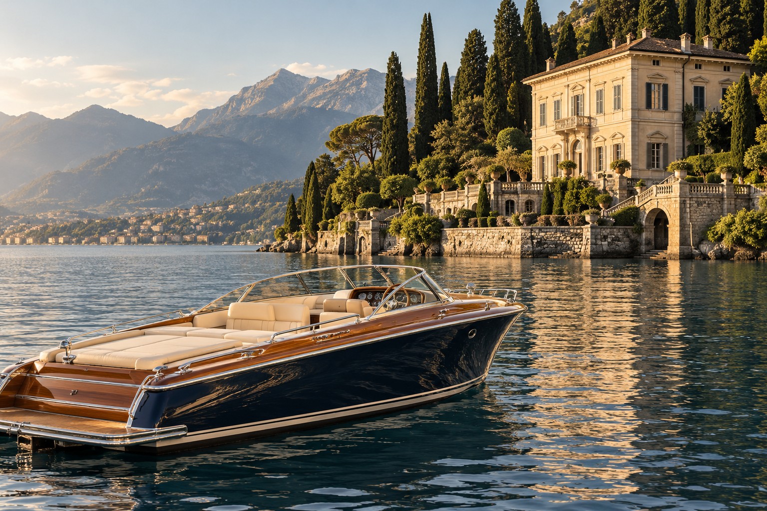 Elegante Motoryacht vor einer Villa am Comer See