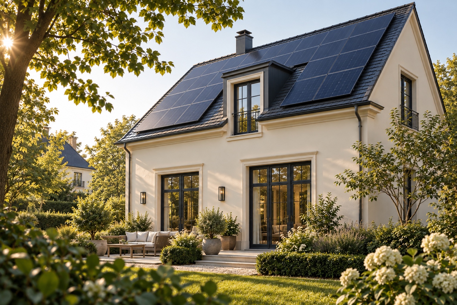 Helles Wohnhaus mit dunklem Solardach in einem grünen Garten