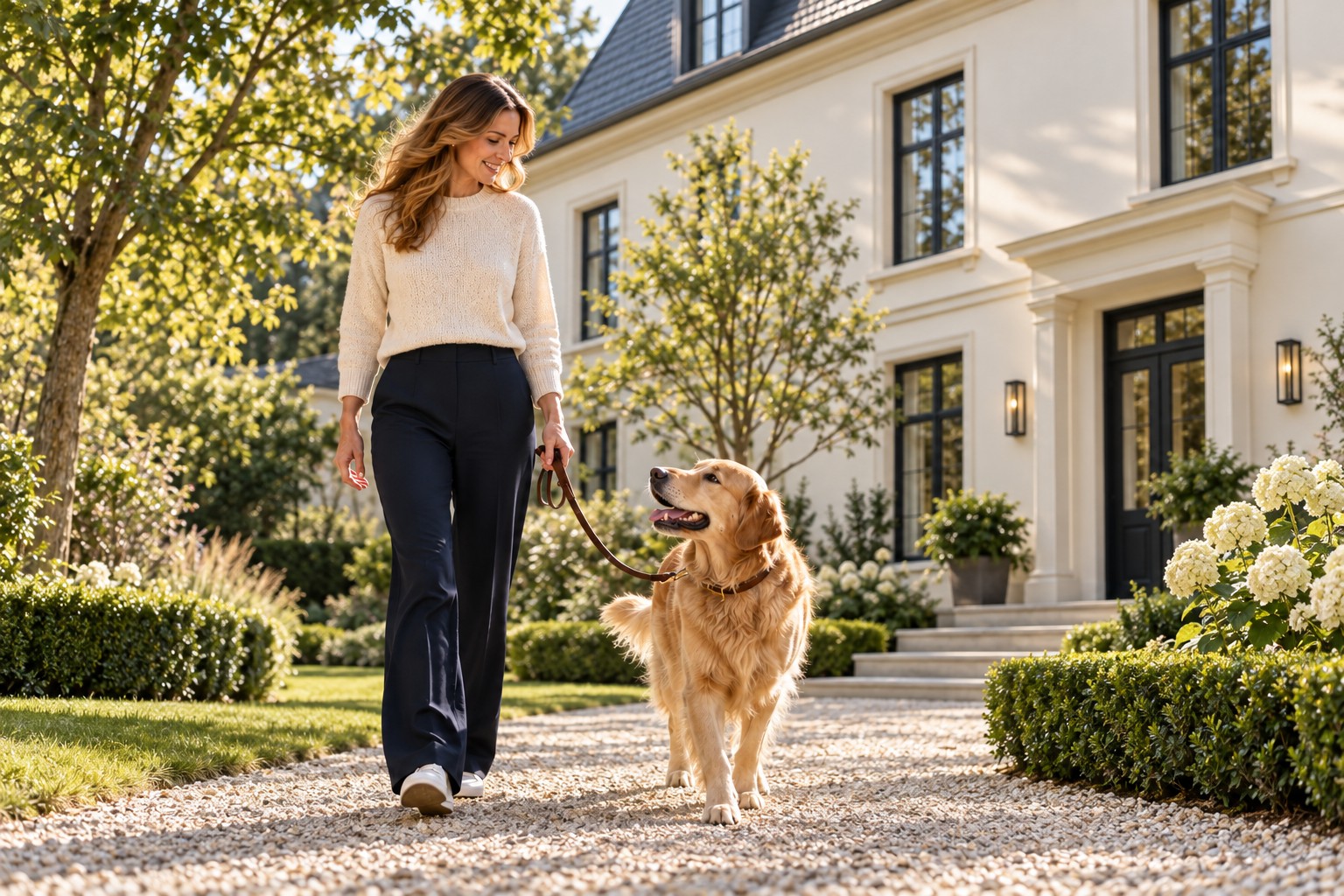 Frau mit Golden Retriever an lockerer Leine im Garten einer klassischen Villa