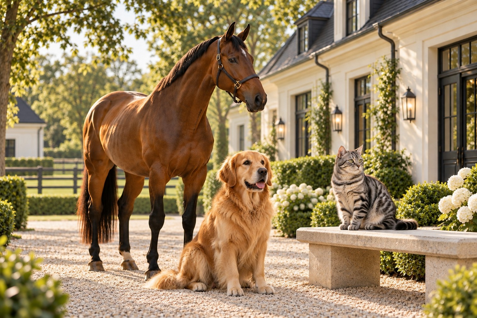 Hund, Katze und Pferd gemeinsam vor einer klassischen Villa mit ebenem Garten